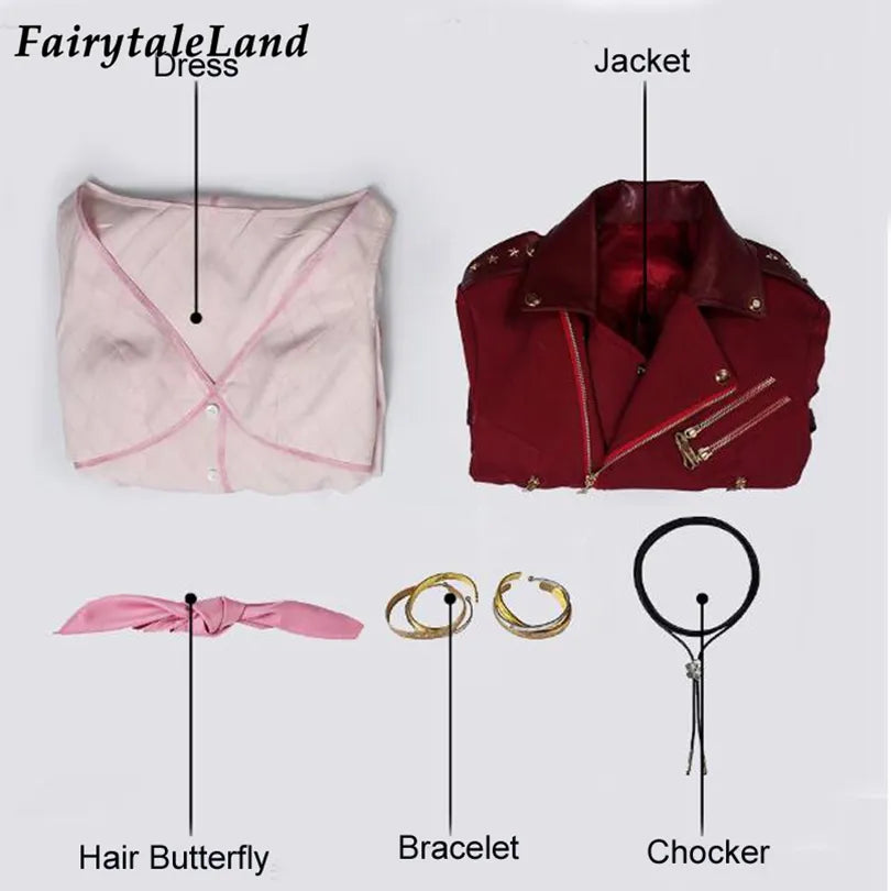 Adult Aerith Gainsborough Costume Cosplay Final Fantasy Remake Halloween Outfit Fancy Women Red Jacket Pink Dress