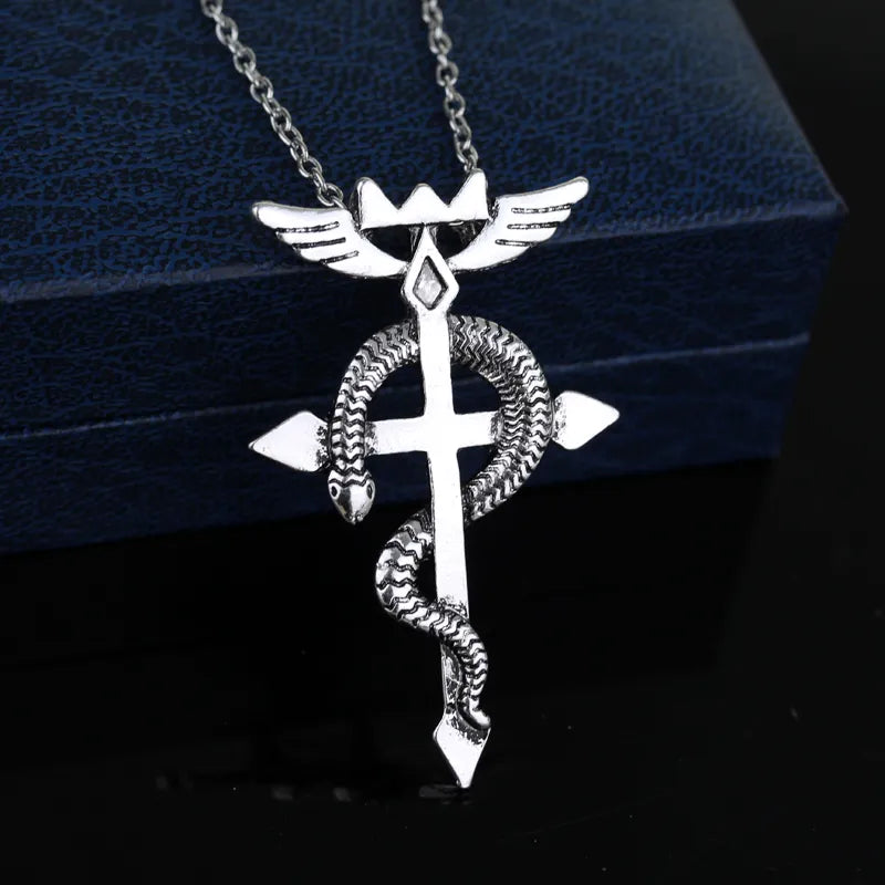 Fullmetal Alchemist Edward Elric Chain Pendant Fashion Dragon Wing With Cross Necklace Punk Style Cross Necklace Accessories