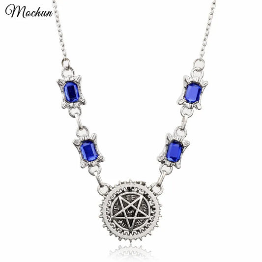 MQCHUN Fashion Anime Black Butler Pentagram Pendant Necklace Kuroshitsuji Blue Crystal Choker Necklace Cosplay Gifts Sebastian