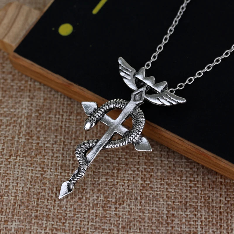 Fullmetal Alchemist Edward Elric Chain Pendant Fashion Dragon Wing With Cross Necklace Punk Style Cross Necklace Accessories