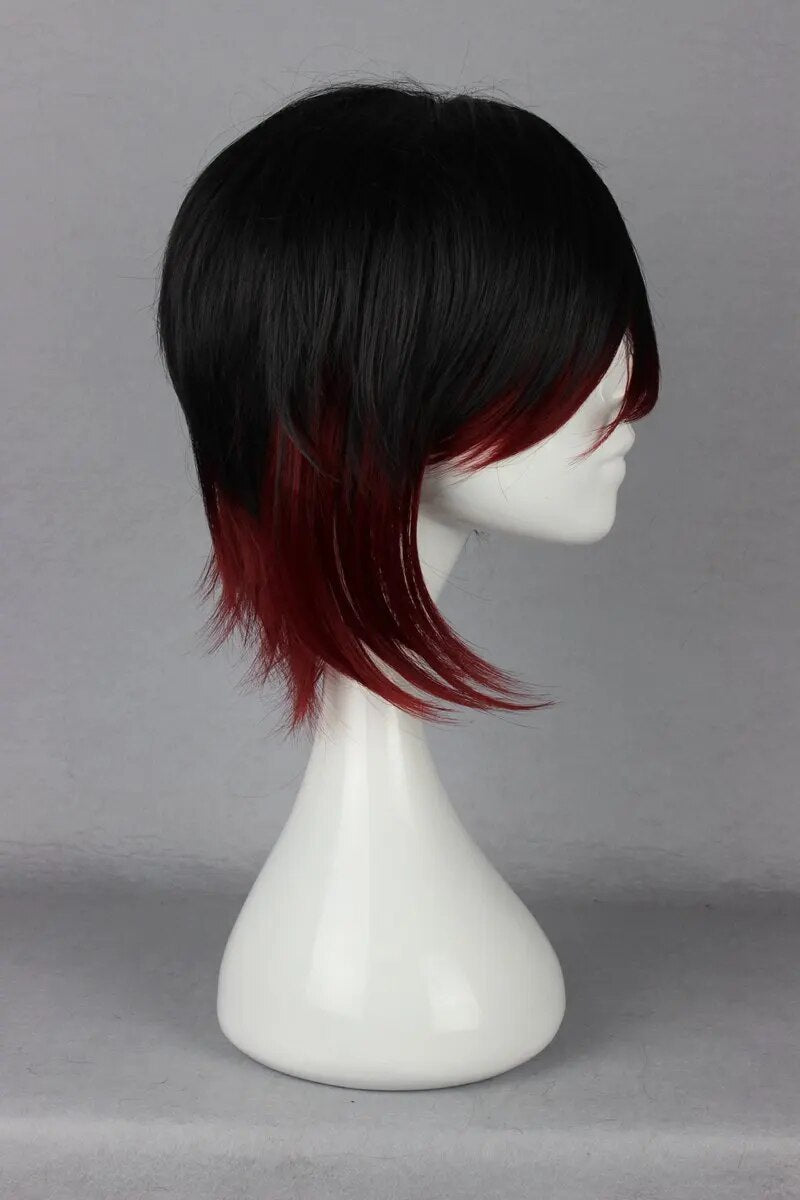 Pelo corto de Cosplay de rosa rubí de 35cm para hombres, pelo de Cosplay de dibujos animados japoneses RWBY negro rojo mezclado, pelo de Anime para fiesta de disfraces