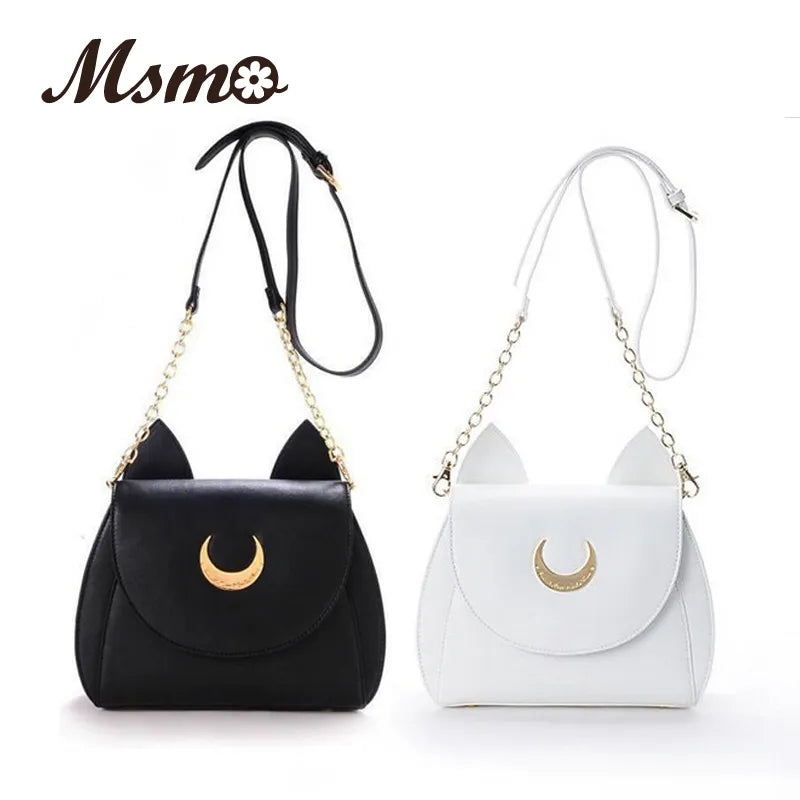 MSMO bolso de hombro blanco/negro Sailor Moon Luna/Artemis bolso de cuero de gato Luna para mujer bolso bandolera con cadena pequeño