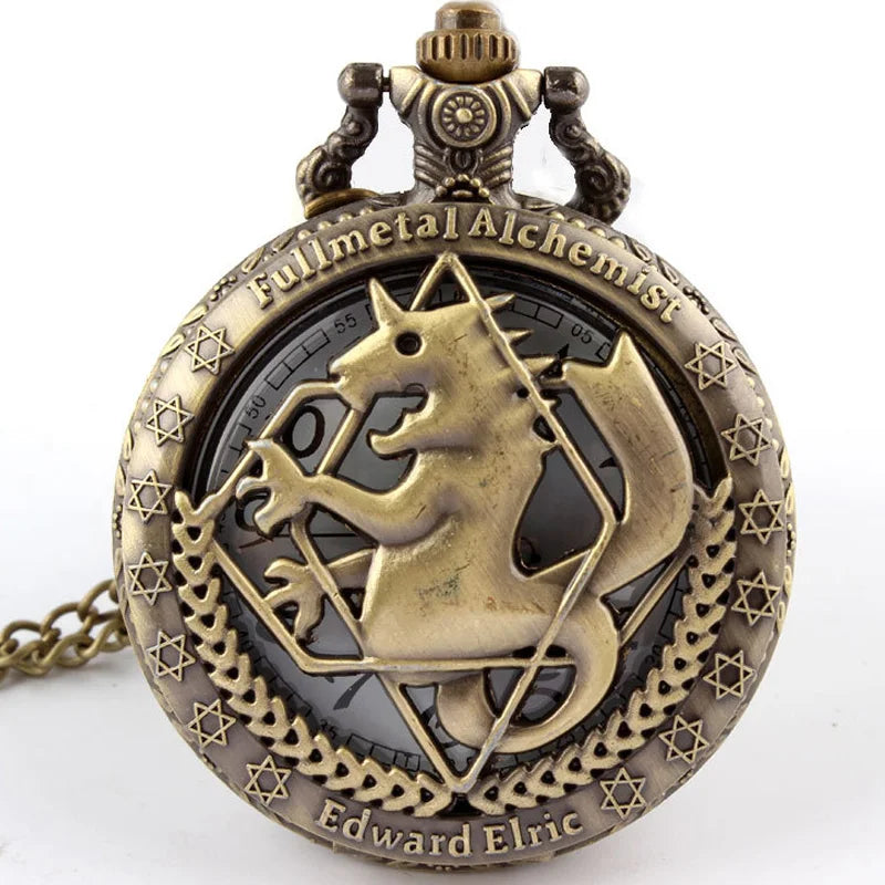 Vintage Full Metal Alchemist Cosplay Pocket Watch Necklace Chain Pendant Clock Steampunk Edward Elric Fob Watches For Men Women