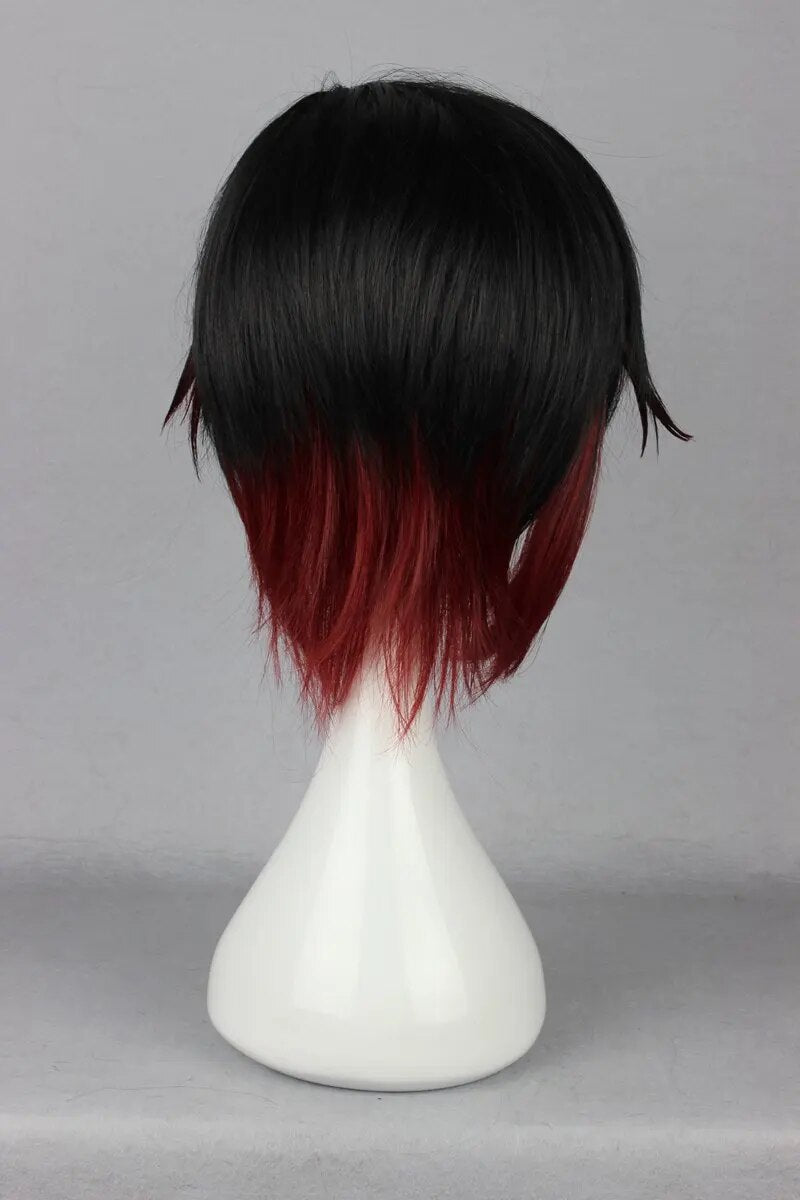 Pelo corto de Cosplay de rosa rubí de 35cm para hombres, pelo de Cosplay de dibujos animados japoneses RWBY negro rojo mezclado, pelo de Anime para fiesta de disfraces