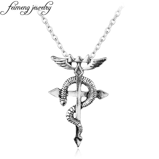 Fullmetal Alchemist Edward Elric Chain Pendant Fashion Dragon Wing With Cross Necklace Punk Style Cross Necklace Accessories