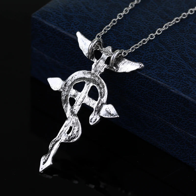 Fullmetal Alchemist Edward Elric Chain Pendant Fashion Dragon Wing With Cross Necklace Punk Style Cross Necklace Accessories