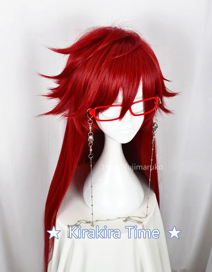 Kuroshitsuji Black Butler Grell Sutcliff Red Long Straight Heat Resistant Hair Cosplay Costume Wig + Skull Chain Glasses