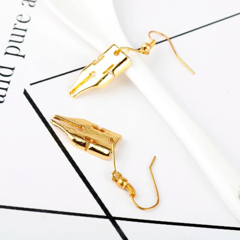 Anime jojo bizarre adventure Rohan Kishibe Gold Color Pen Nib Earring  For Women Girls Cosplay Accessories Fashion Jewelry