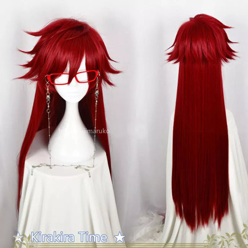 Kuroshitsuji Black Butler Grell Sutcliff Red Long Straight Heat Resistant Hair Cosplay Costume Wig + Skull Chain Glasses