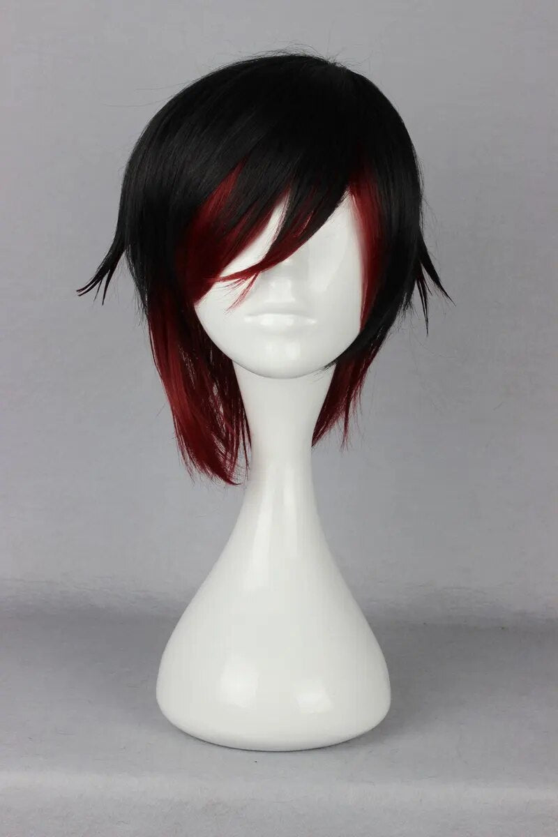 Pelo corto de Cosplay de rosa rubí de 35cm para hombres, pelo de Cosplay de dibujos animados japoneses RWBY negro rojo mezclado, pelo de Anime para fiesta de disfraces