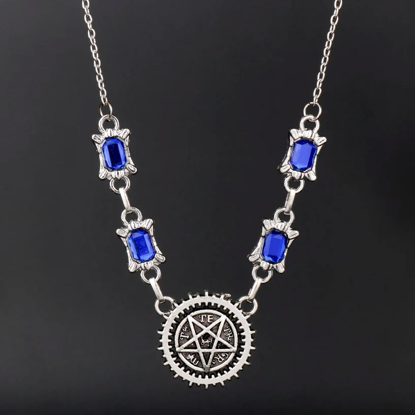 MQCHUN Fashion Anime Black Butler Pentagram Pendant Necklace Kuroshitsuji Blue Crystal Choker Necklace Cosplay Gifts Sebastian