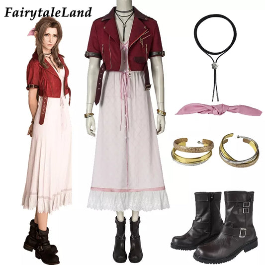 Adult Aerith Gainsborough Costume Cosplay Final Fantasy Remake Halloween Outfit Fancy Women Red Jacket Pink Dress