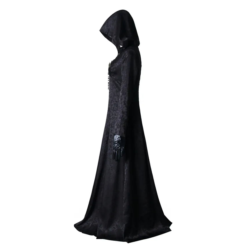 Takerlama hija de Lady Dimitrescu Cosplay gótico negro vestido largo capucha vampiro Bella Cassandra Medieval disfraz de Halloween