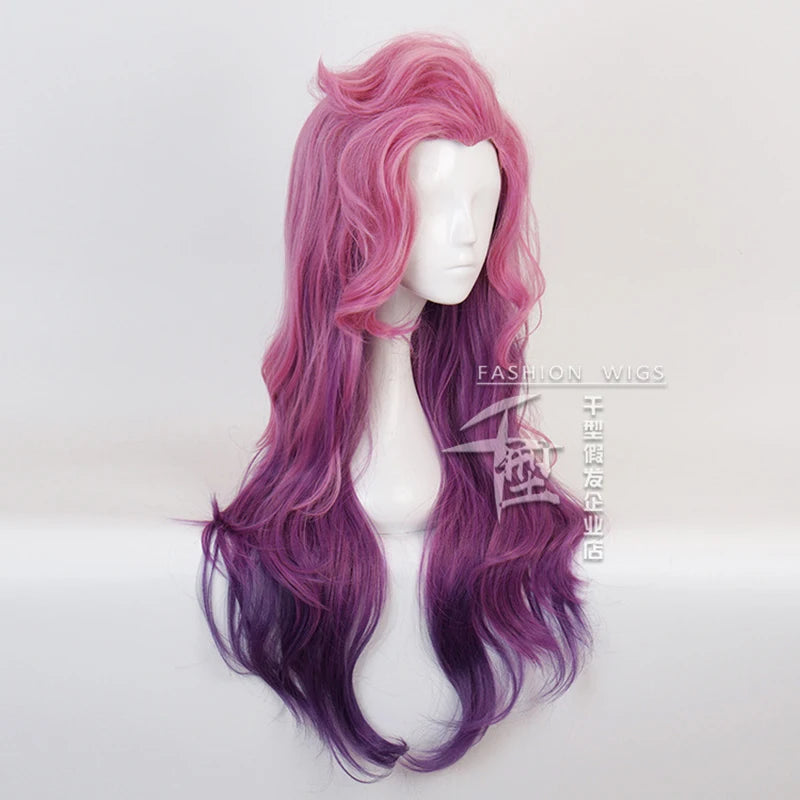 Game Seraphine Wave Curly Wig Cosplay Costume KDA Heat Resistant Synthetic Hair Women Pink Mixed Purple Long Wigs