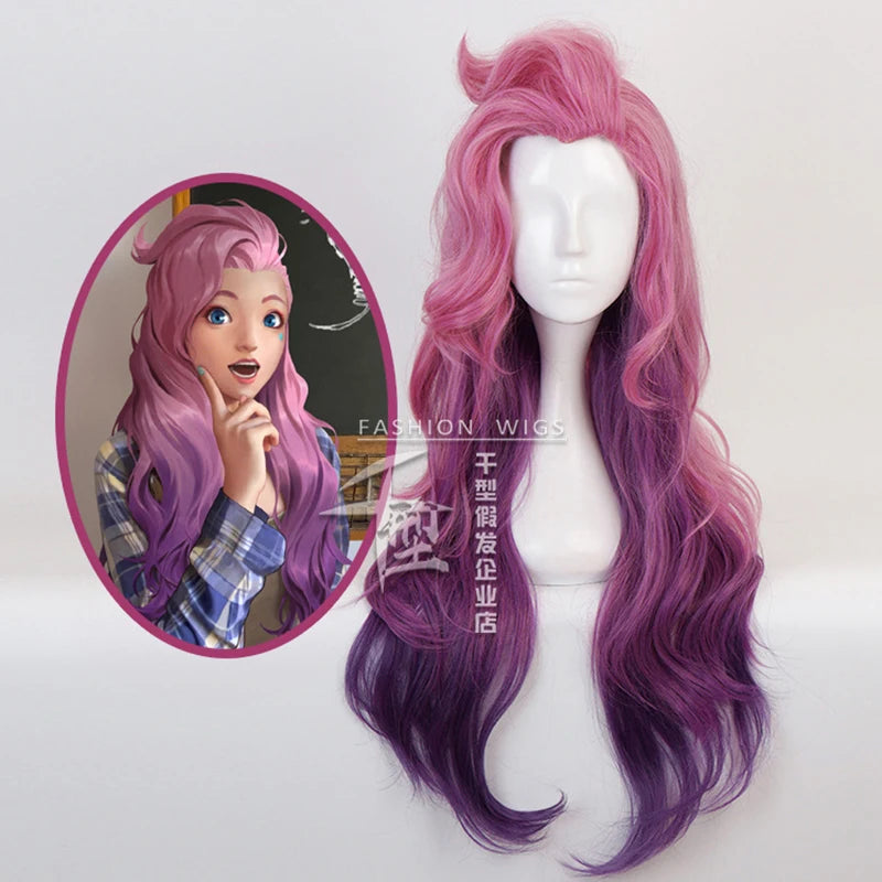 Game Seraphine Wave Curly Wig Cosplay Costume KDA Heat Resistant Synthetic Hair Women Pink Mixed Purple Long Wigs