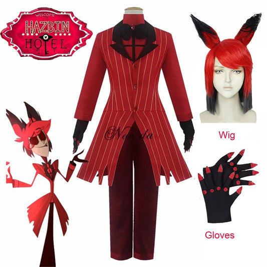 Hazbin Cosplay Hotel ALASTOR uniforme disfraz Cosplay hombres mujeres disfraz de Halloween conjunto completo (chaqueta + pantalones + camisa + corbata + guantes + peluca)