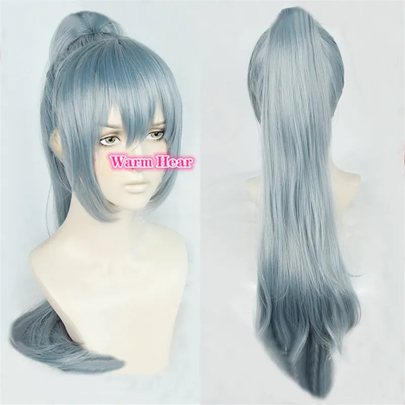 High Quality Anime Jujutsu Kaisen Mahito Wigs Light Blue Heat Resistant Synthetic Hair Clip Ponytail Cosplay Wig + a wig cap