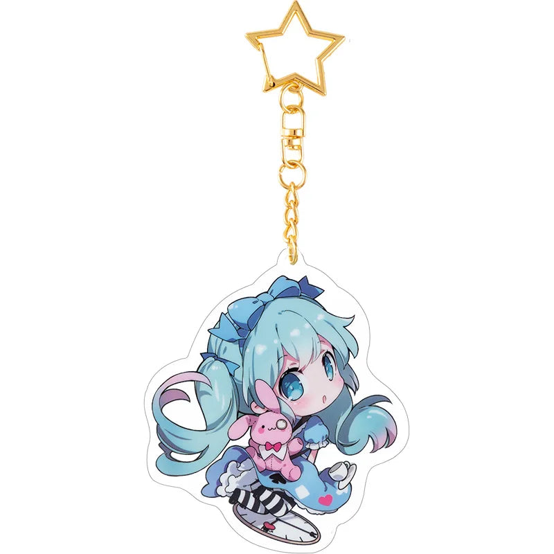 Moeyu Hatsune Keychain Pendant Anime Vocaloid Miku Key Chains Acrylic Cute Cosplay Figure Metal Key Ring Cartoon Hanging Rope