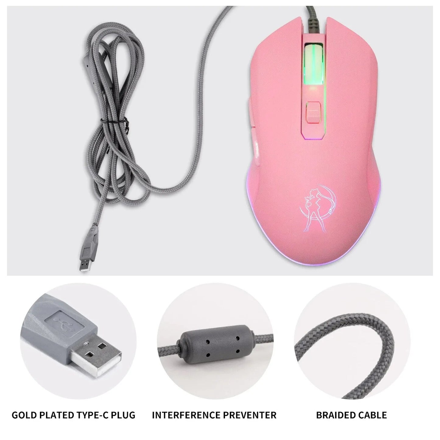 Ratón de ordenador rosa, ratón retroiluminado colorido para juegos, ratón óptico con cable, ratón silencioso de moda Sailor Moon para chica y mujer, 2400DPI