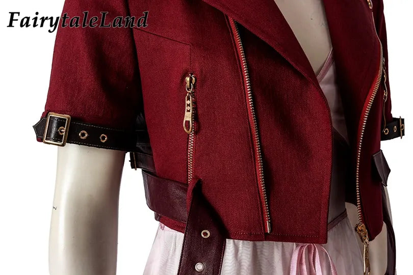 Adult Aerith Gainsborough Costume Cosplay Final Fantasy Remake Halloween Outfit Fancy Women Red Jacket Pink Dress