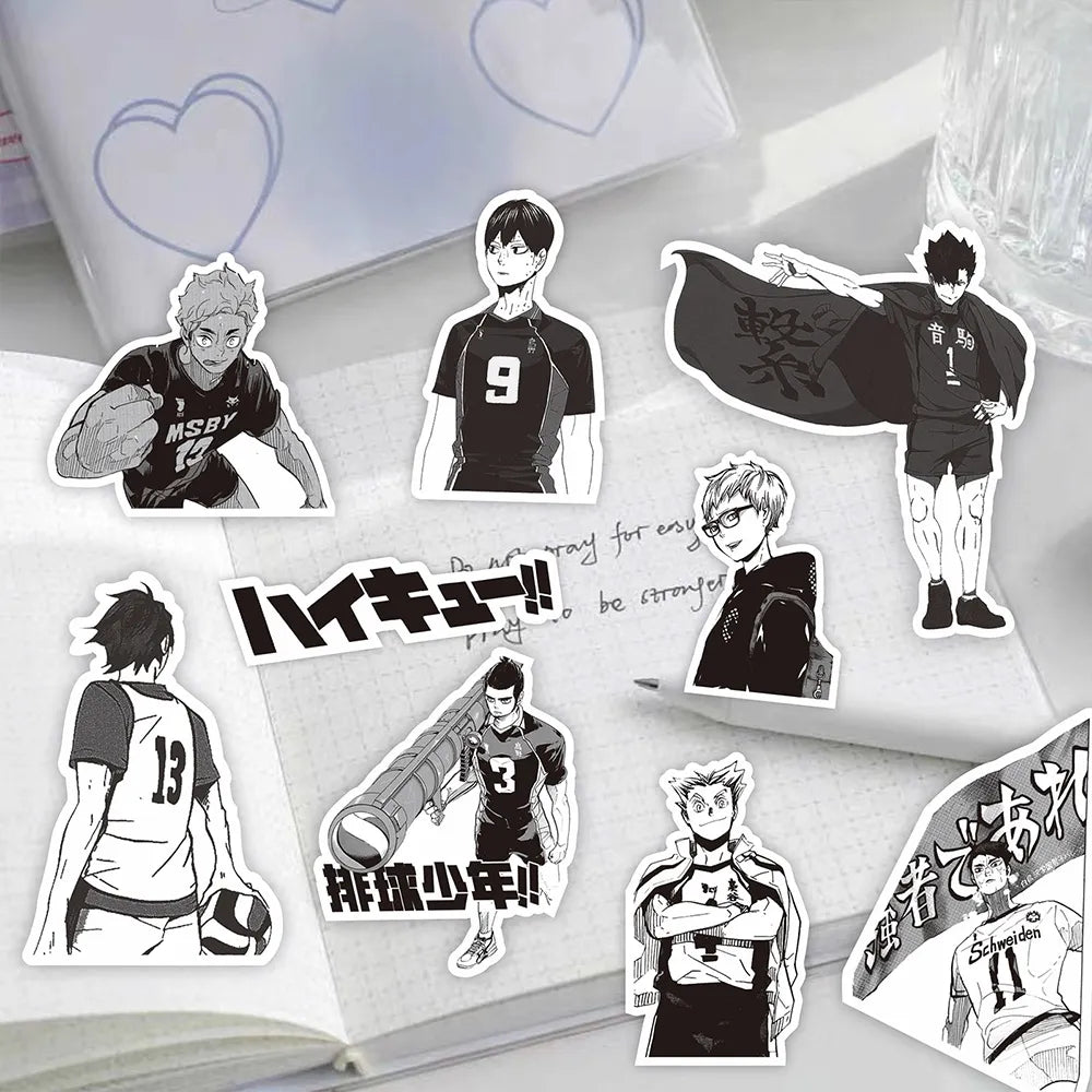 ¡10/30/68 Uds. Haikyuu blanco y negro! Pegatinas de Anime para decoración de maletas, álbum de recortes, papelería para teléfono portátil, pegatina de Manga de voleibol