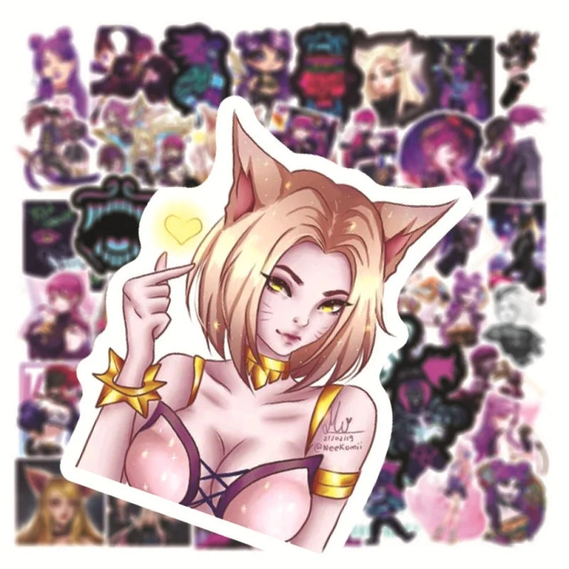 10/30/50Pcs Game Women's Team KDA Stickers Akali Ahri Evelynn Kaisa Cartoon Stickers for Guitar Skateboard Surfboard