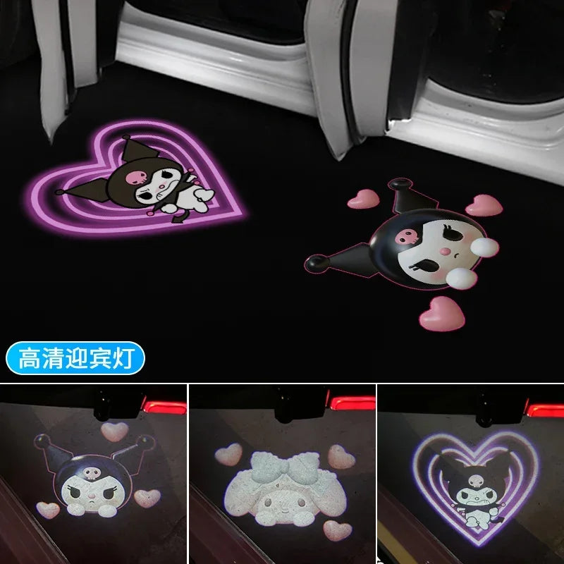 Lámpara de bienvenida para puerta de coche Kuromi Cinnamoroll My Melody, luz ambiental HD, proyección de apertura de puerta, decoración bonita para coche