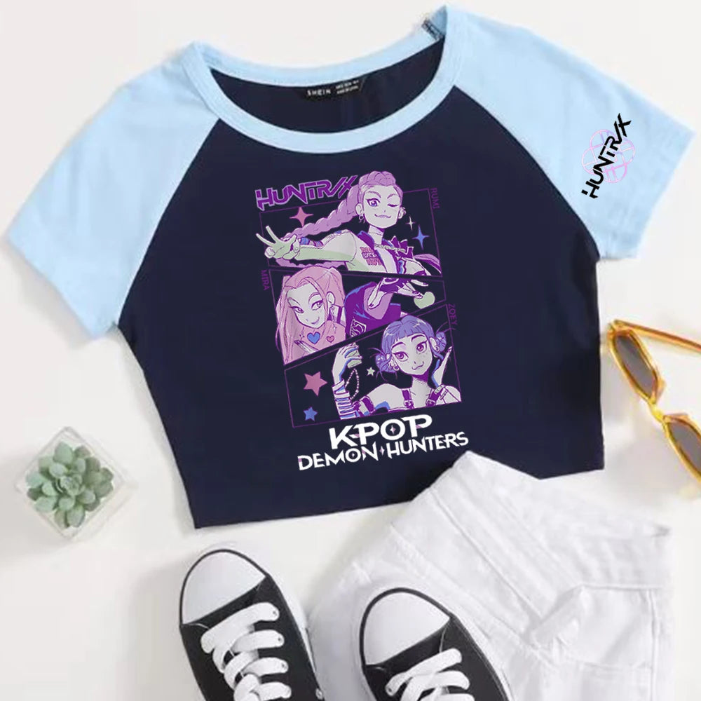 Anime K-Pop Demon Hunters Crop Tops T-Shirt Girls Fashion Women O-Neck Short Sleeve Fans Gift T-shirt
