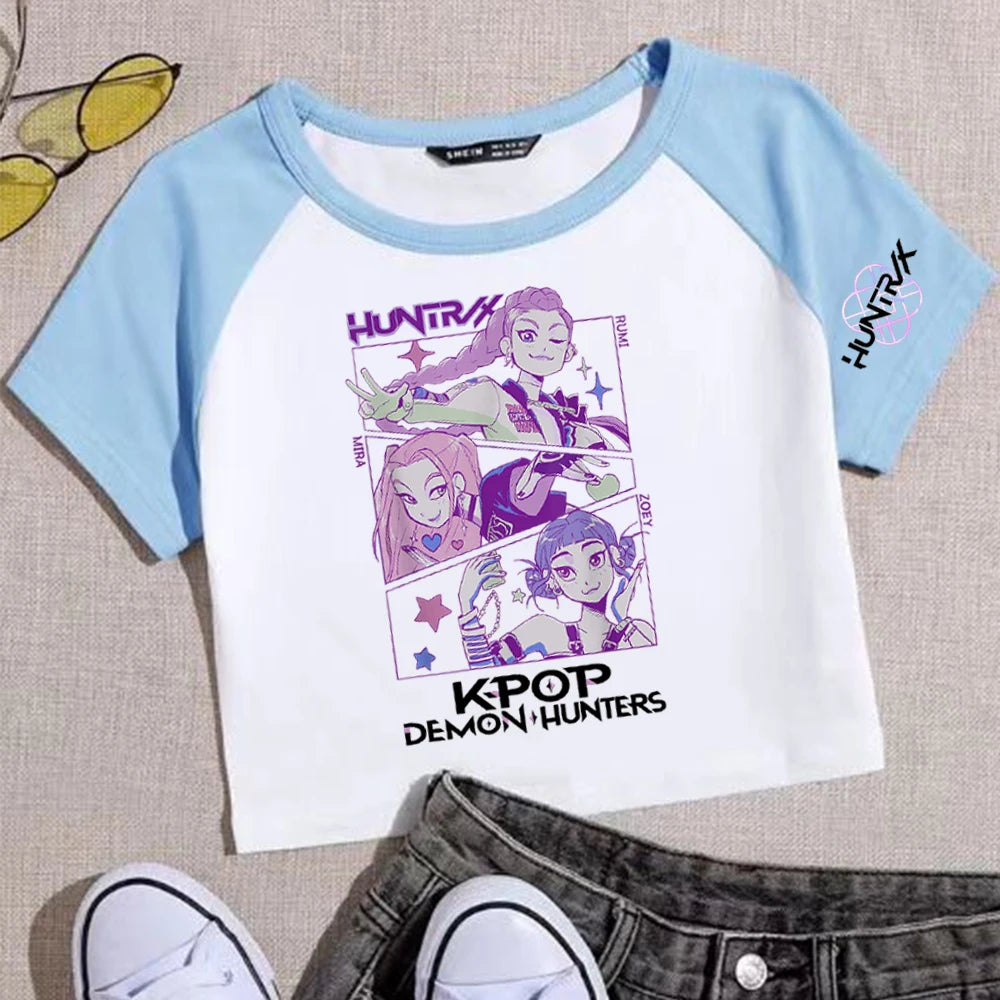 Anime K-Pop Demon Hunters Crop Tops T-Shirt Girls Fashion Women O-Neck Short Sleeve Fans Gift T-shirt