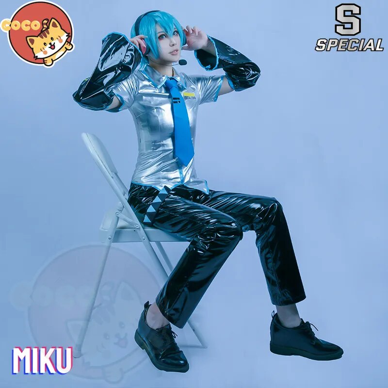 CoCos-S disfraz de Cosplay de VOCALOID para hombre Mikuku, disfraz de VOCALOID Cos Mikuku para hombre, disfraz de charol + auriculares + peluca + zapato