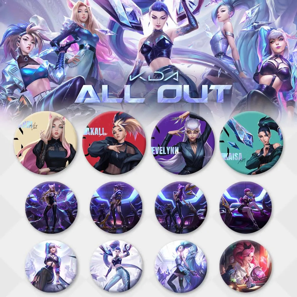 Insignia de League of Legends K/DA ALL OUT Kaisa Ahri Seraphine Akali Evelynn LOL Champions Game 58mm broche de Metal mochila decoración regalo