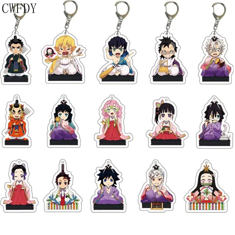 5-18pcs/lot Wholesale Anime Demon Slayer Keychain Acrylic Cartoon Double-Sided Pendant Figure Key Holder Women Men Birthday Gift