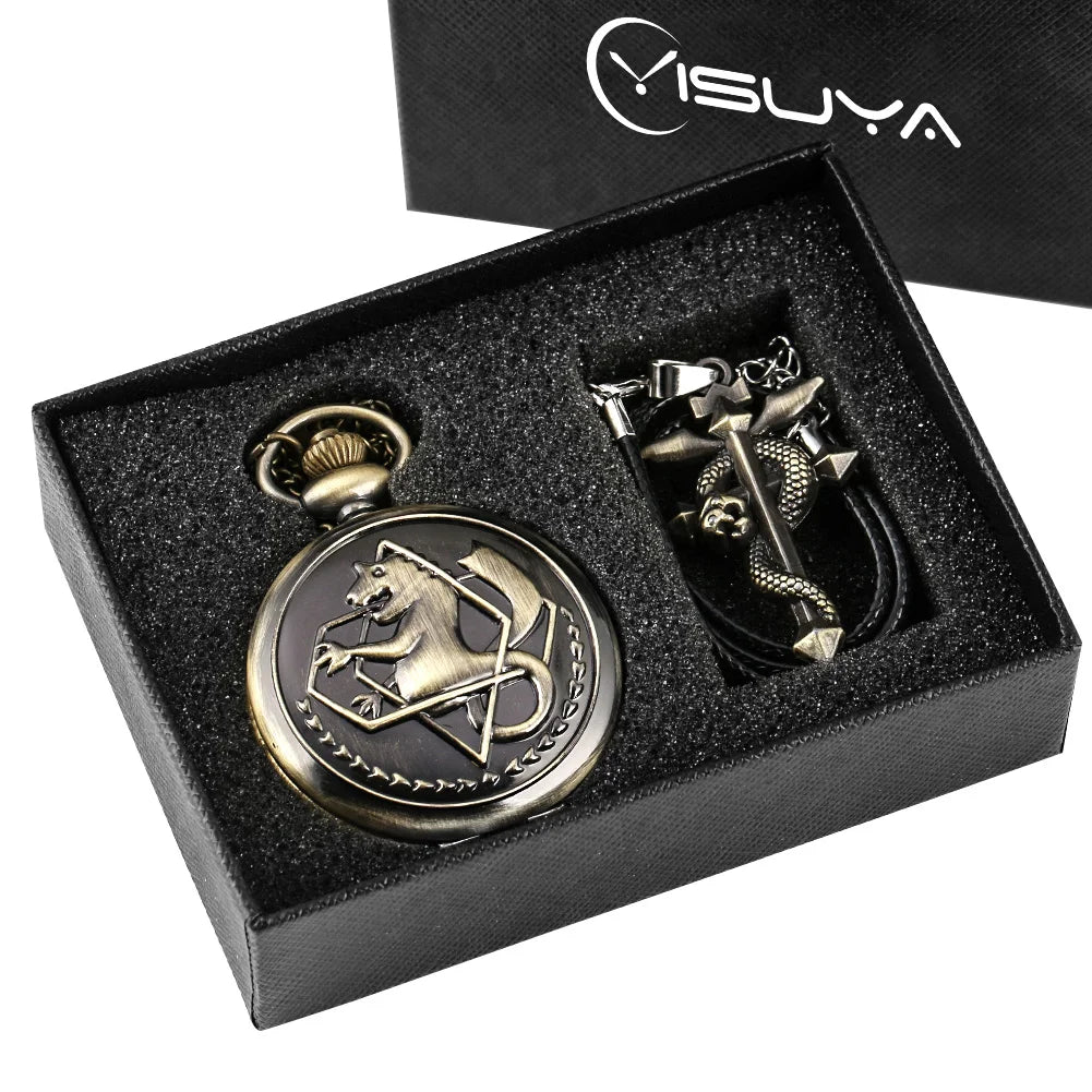 Fullmetal Alchemist Silver/Bronze Pocket Watch Pendant Men's Quartz Pocket Watch Japan Anime Necklace Clock High Grade Gifts Set