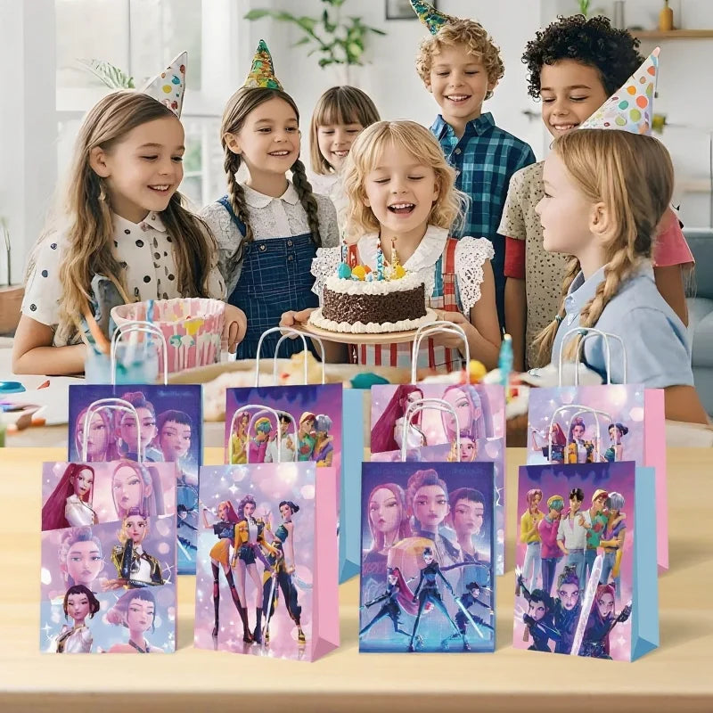 12pcs Kpop Demon Hunters Birthday Party Gift Bag Candy Loot Handle Treat Bag Kid Biscuit Package Baby Shower Decoration Supplies