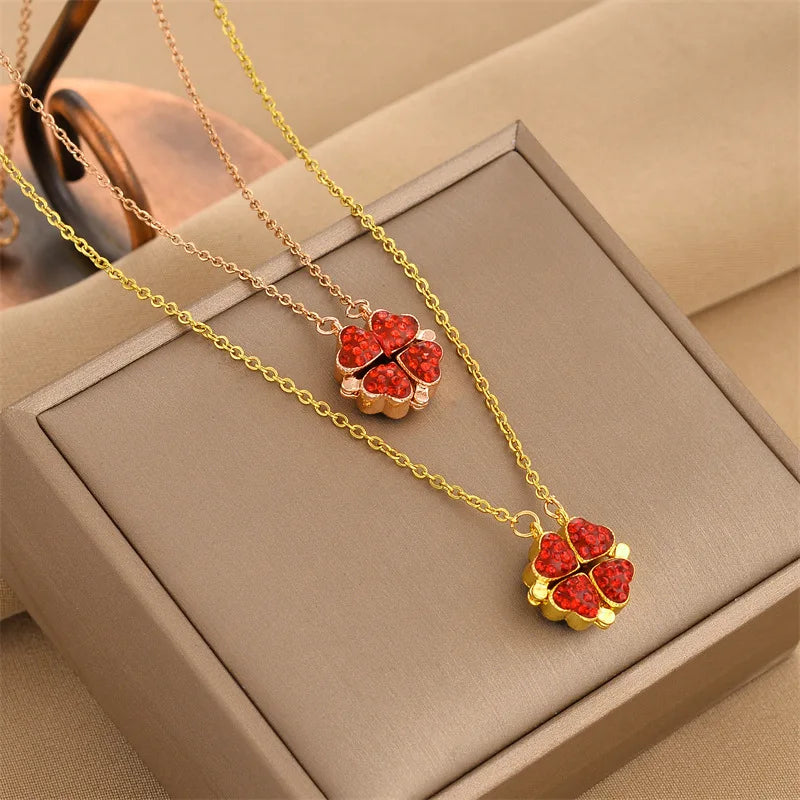 18k Gold Double Sided Black Red Clover Foldable Pendant Necklace for women girls luxury stainless steel chains Necklace Jewelry