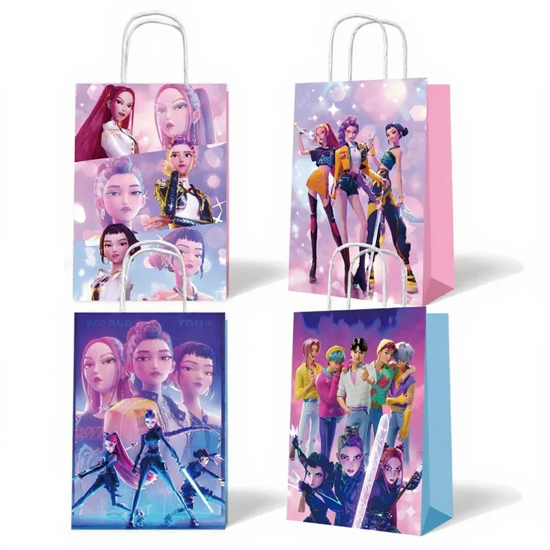 12pcs Kpop Demon Hunters Birthday Party Gift Bag Candy Loot Handle Treat Bag Kid Biscuit Package Baby Shower Decoration Supplies