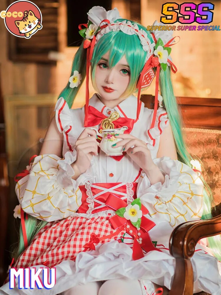 CoCos-SSS VOCALOID 15th Anniversary Miku Cosplay Costume VOCALOID Miku x Strawberry Cos Miku Strawberry Lolita Dress and Wig