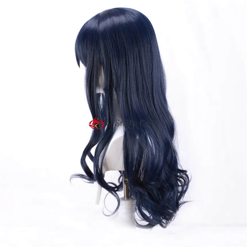 Final Fantasy XIV 14 Cosplay FF14 FFXIV Gaia Wig 80cm Long Navy Blue Curly Bangs Heat Resistant Synthetic Hair + Wig Cap