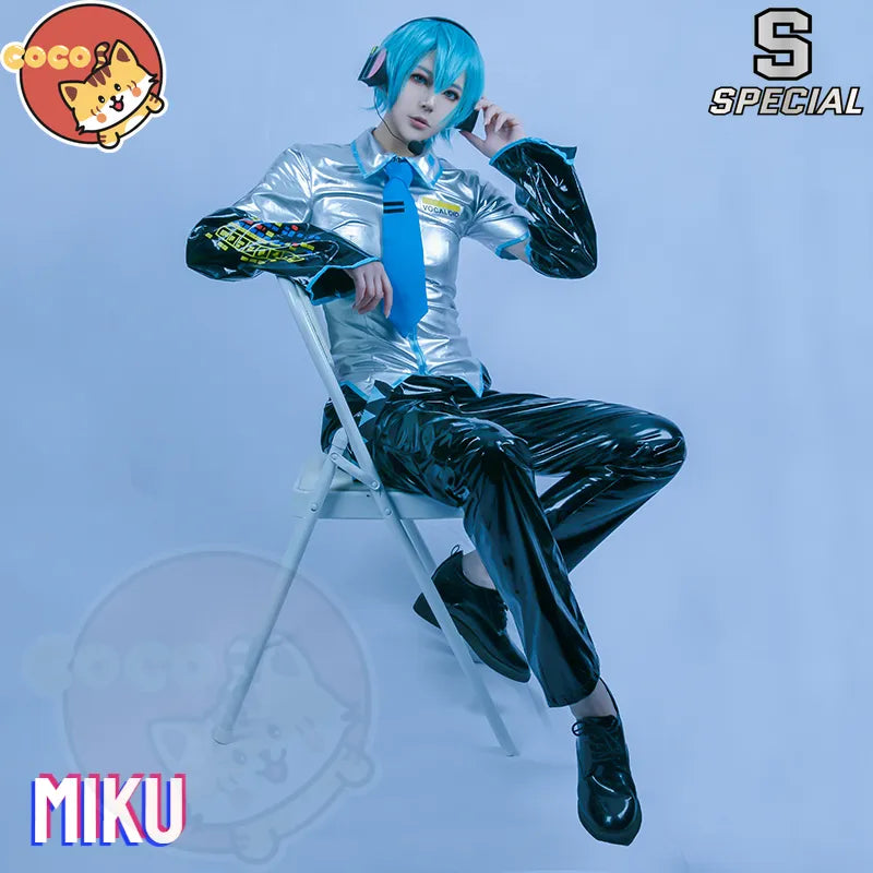 CoCos-S disfraz de Cosplay de VOCALOID para hombre Mikuku, disfraz de VOCALOID Cos Mikuku para hombre, disfraz de charol + auriculares + peluca + zapato