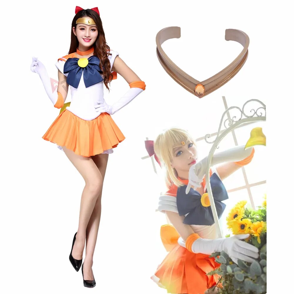 Disfraz de Sailor Venus de Sailor Minako Aino, vestido hecho a medida, diadema con lazo, guantes, horquilla para niños y adultos de talla grande