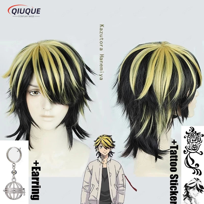 Tokyo Revengers Hanemiya Kazutora Cosplay Wig Tokyo Manji Gang Captain Black Golden Hair + Earring + Tattoo Sticker + Wig Cap