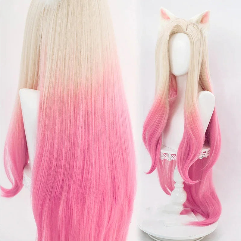 LoL KDA Baddest Ahri Cosplay Wig 100cm Long Blonde Pink Wavy with Ear Hairpin Synthetic Hair Role Play Halloween Party + Wig Cap