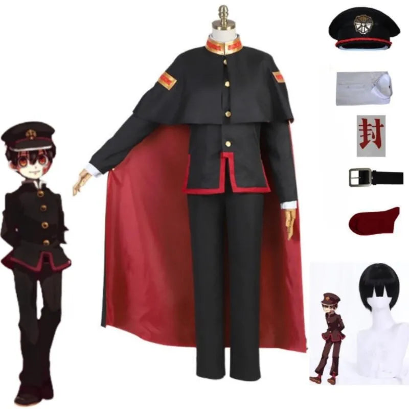 Anime Jibaku Shounen Hanako kun Yugi Amane Cosplay Halloween Costume Toilet Binding Cloak Black Full Set Uniform Wig Hat Set