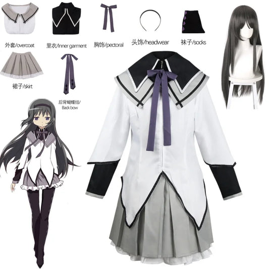 Akemi Homura Cosplay Anime Puella Magi Madoka Magica Cosplay Costume Magical Girl Battle Suit Full Set Dress Wig Party Uniform