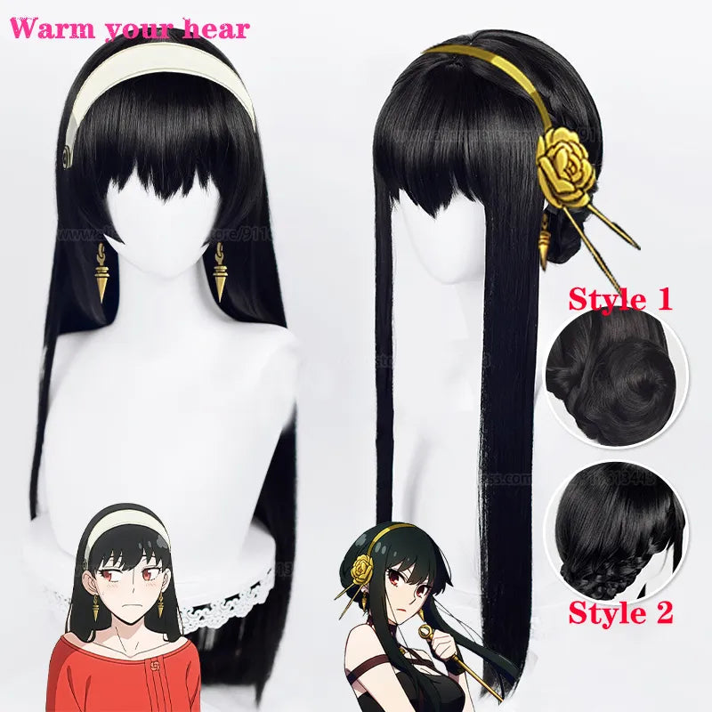 High Quality Anime SPY×FAMILY Yor Forger Cosplay Wig Black Heat Resistant Synthetic Party Killer Assassin Weapons Earrings Wigs