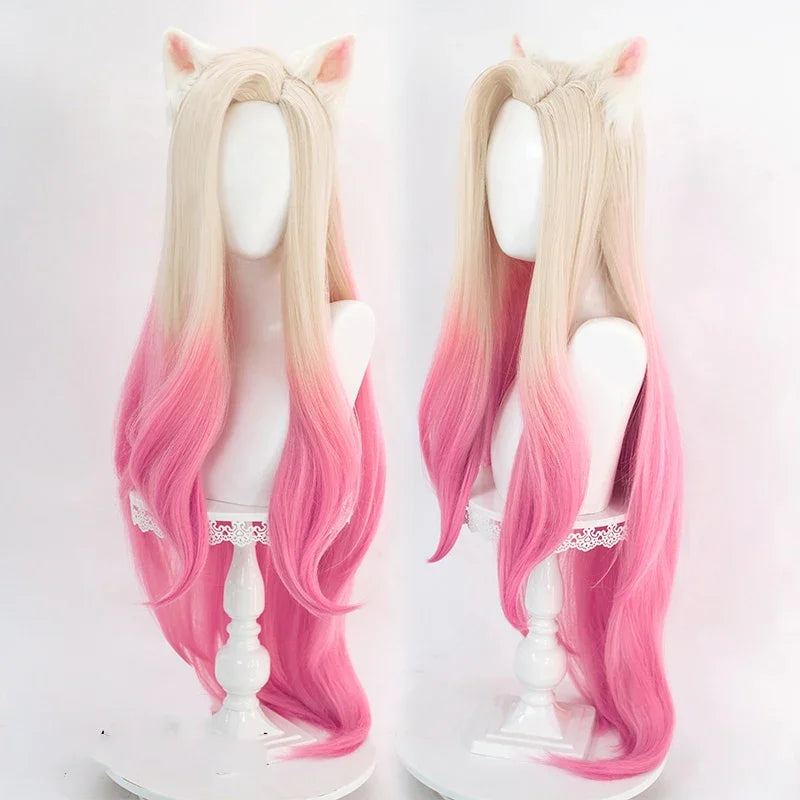 LoL KDA Baddest Ahri Cosplay Wig 100cm Long Blonde Pink Wavy with Ear Hairpin Synthetic Hair Role Play Halloween Party + Wig Cap