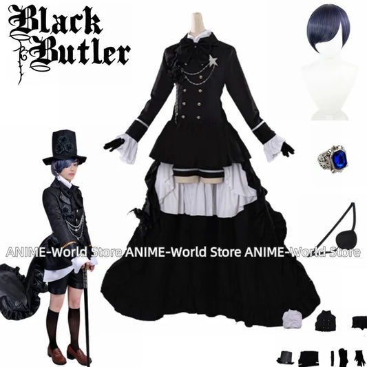 Anime Black Butler Ciel Phantomhive Cosplay funerario Cotume peluca anillo máscara de ojos Kuroshitsuji disfraz de Halloween traje de fiesta elegante