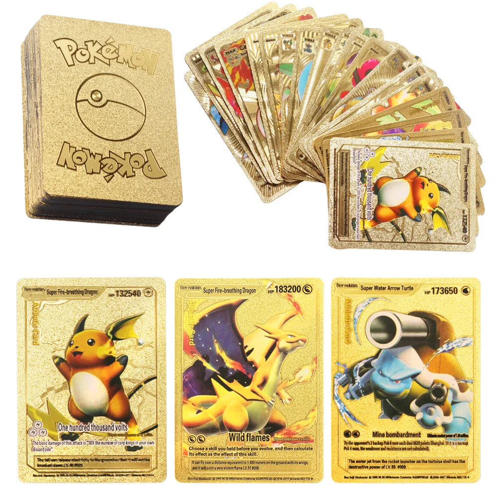 55pcs Pokemon Cards Metal Gold Super Card Vmax GX Charizard Pikachu Rare Collection Battle Trainer Athletic Card Child Toys Gift