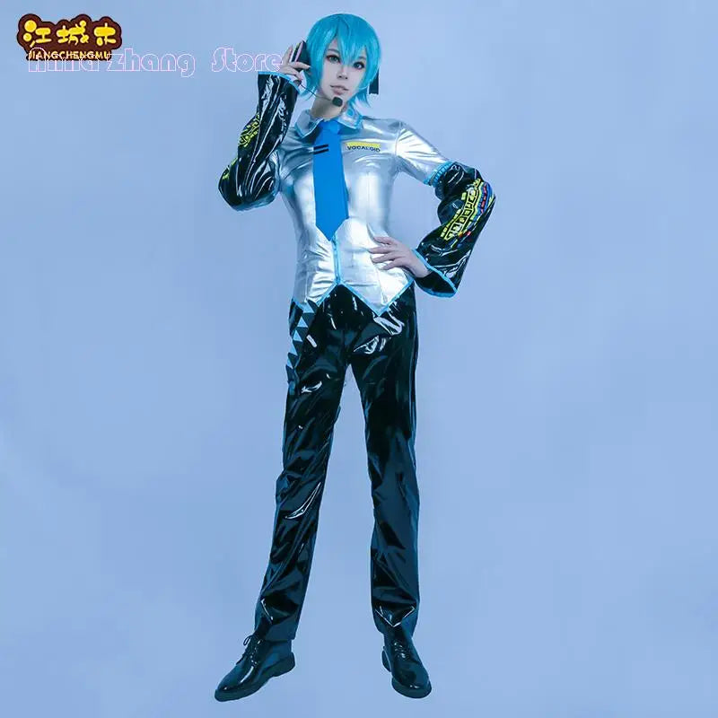 Cosplay VOCALOID MiKUU Male Cosplay Costume VOCALOID Cos Male Cosplay Patent Leather Costume + Earphone + Wig + Shoe Gift prop