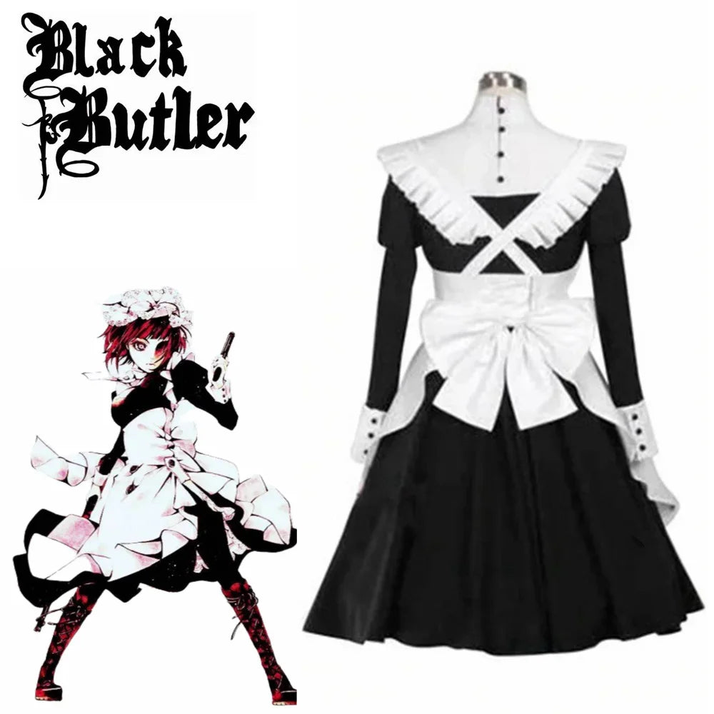 Japanese Anime Black Butler Maid Kuroshitsuji Mey Rin Maid Costume Woman Cosplay Costumes Dress + Apron For Halloween Party